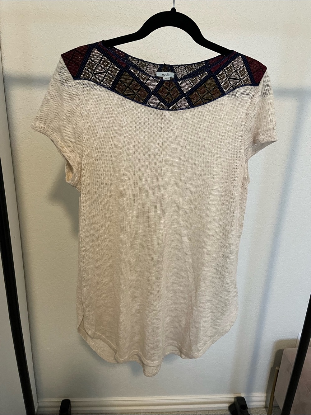 Light Cream Short Sleeve Top with Geometric Yoke